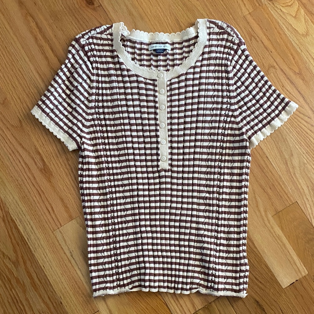 American Eagle Outfitters Brown and White Plaid Short Sleeve Tee